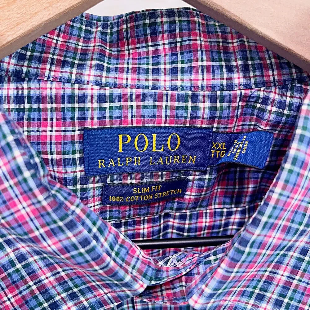 POLO Ralph Lauren Slim Cotton Stretch Shirt Blue Red Plaid Casual Mens XXL 2XL